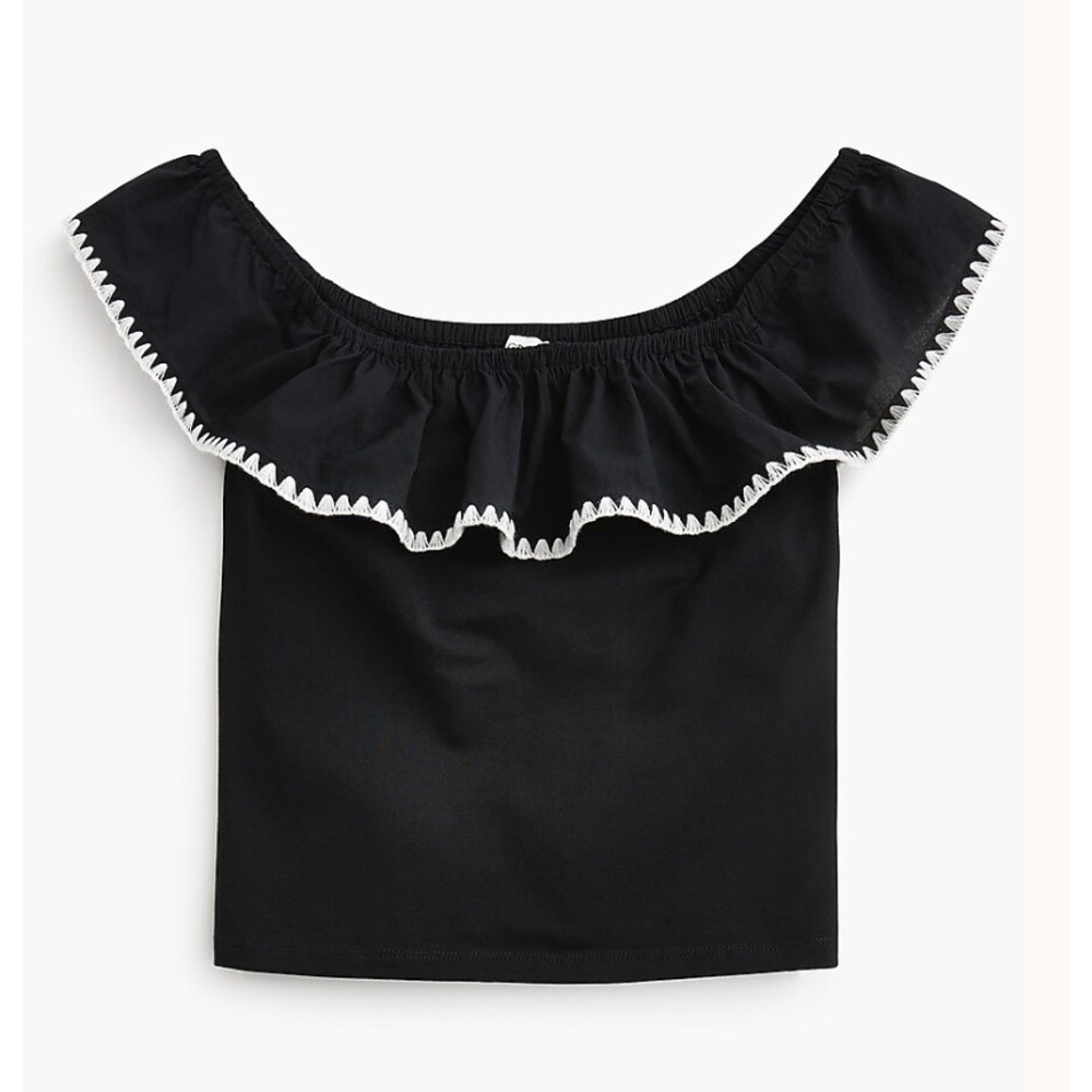 J.Crew Off-the-Shoulder Top Women XXL Black Blanket-Stitch Ruffle Preppy Boho